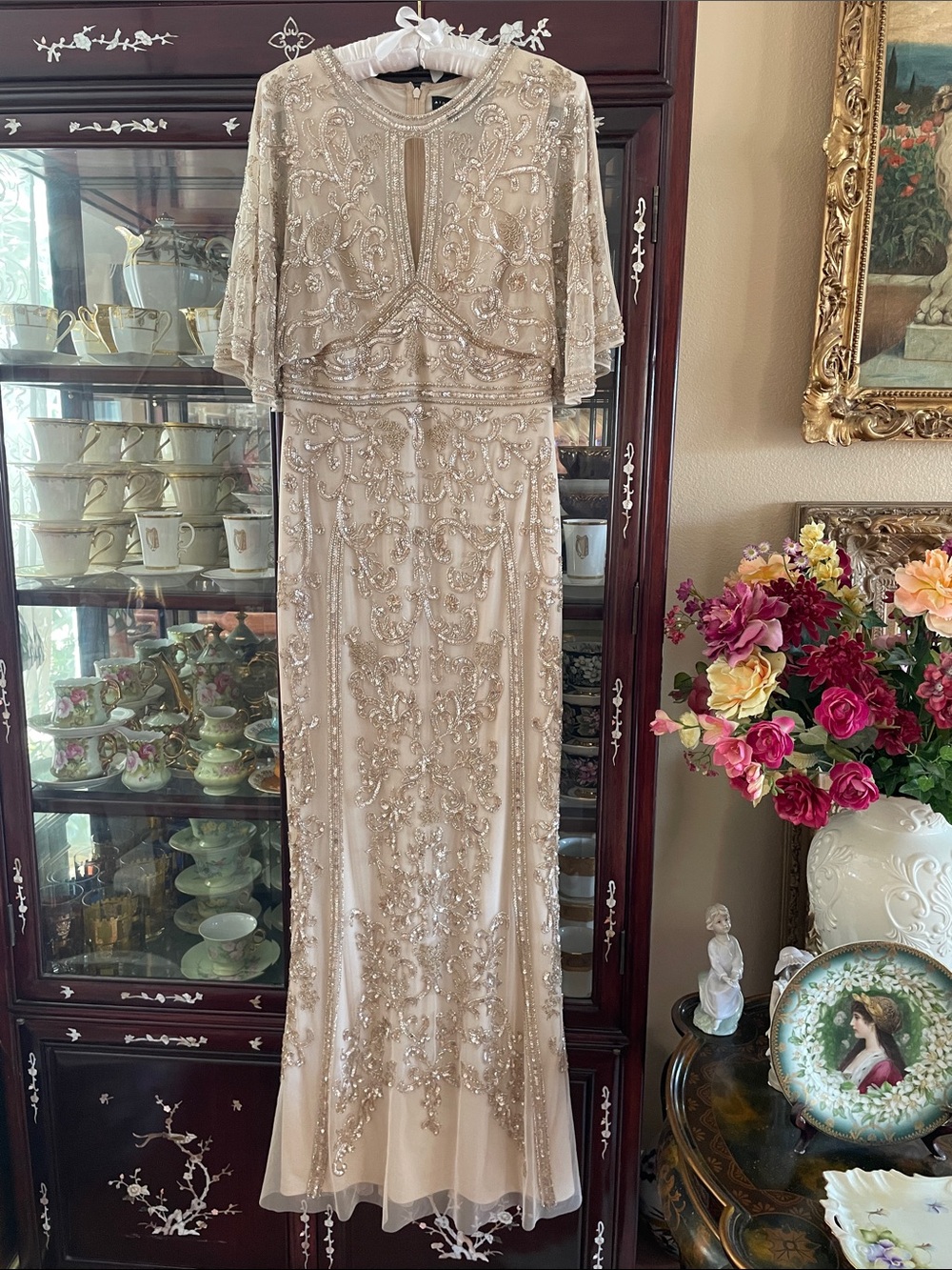 Aidan Mattox Champagne Beaded Sequins Embellished Formal Gown Dress